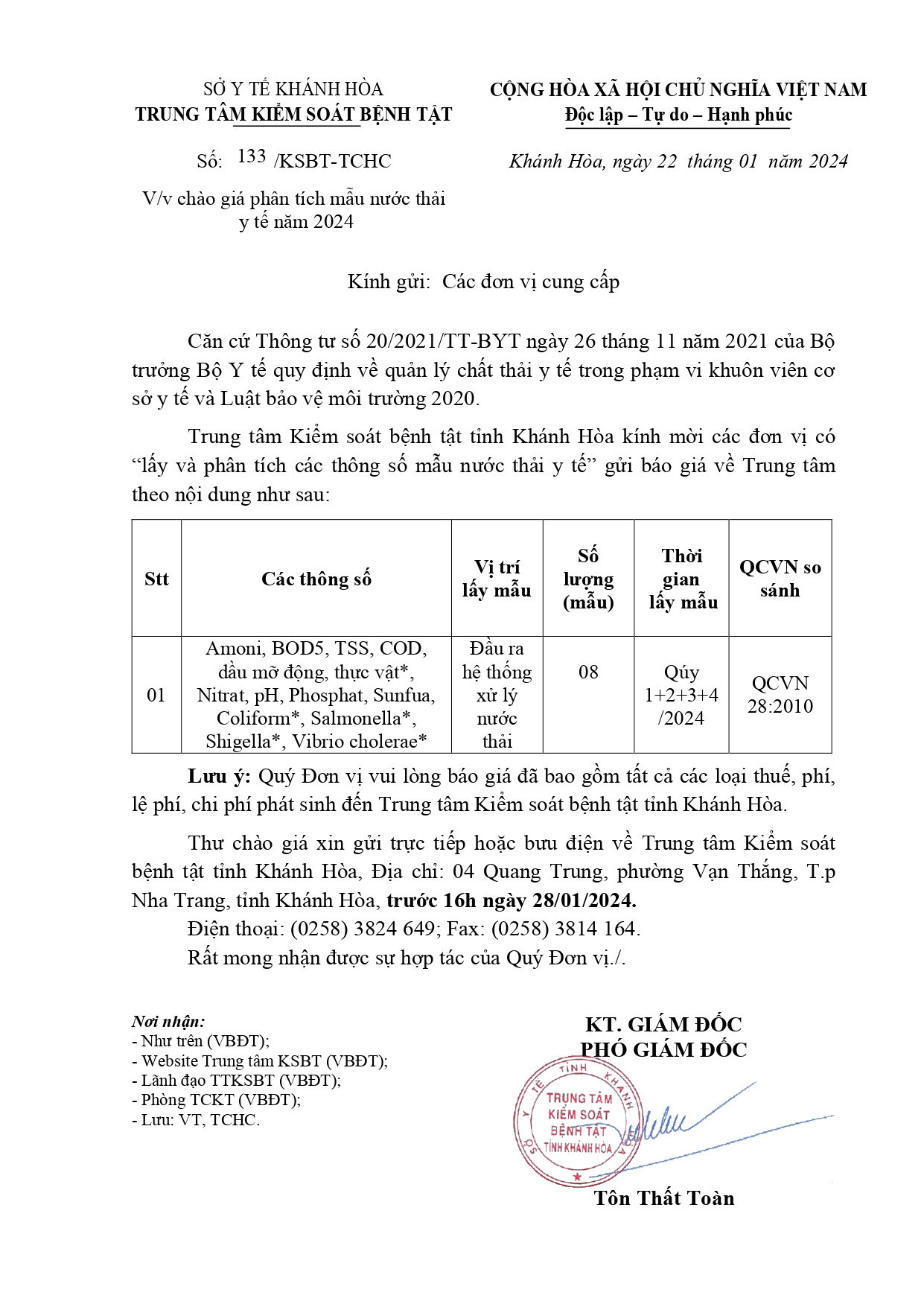 V/v chào giá phân tích mẫu nước thải y tế năm 2024